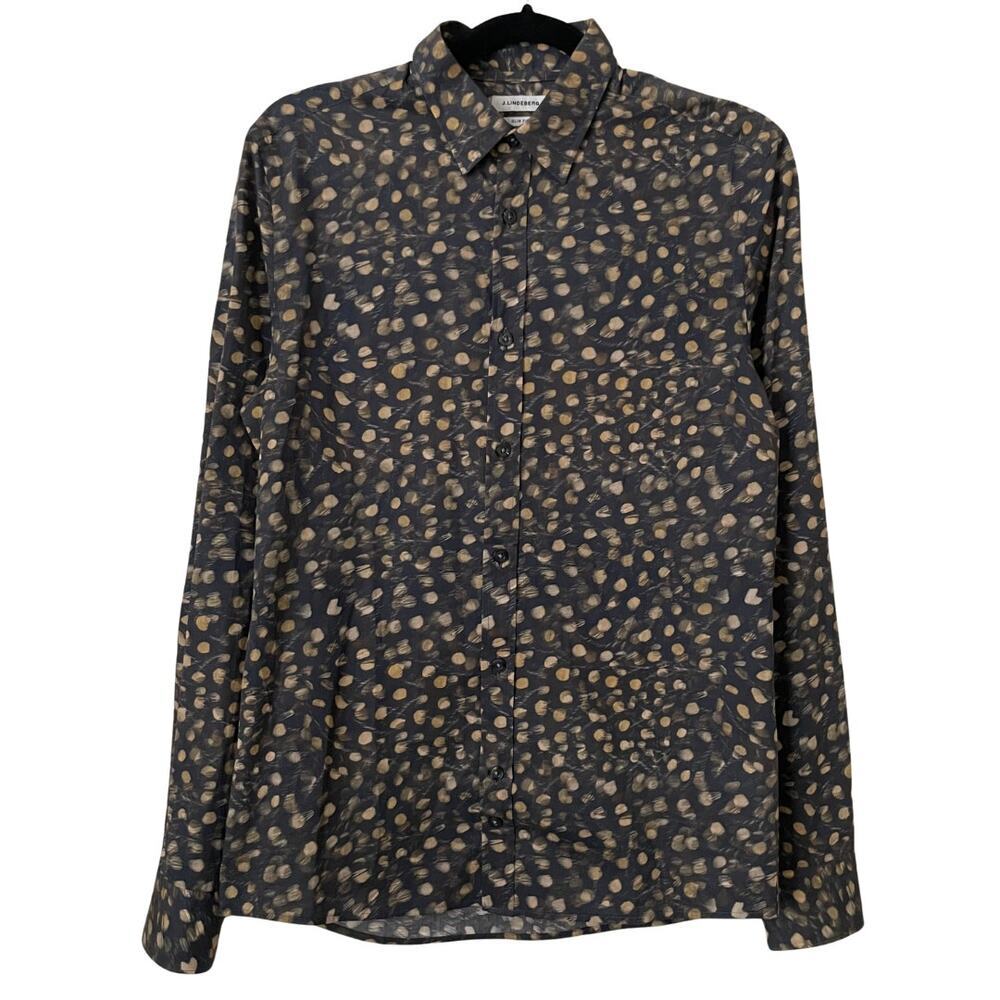 J. Lindenberg Shirt Mens Small Blue Tan Dot Print Long Sleeve Button Up Slim Fit